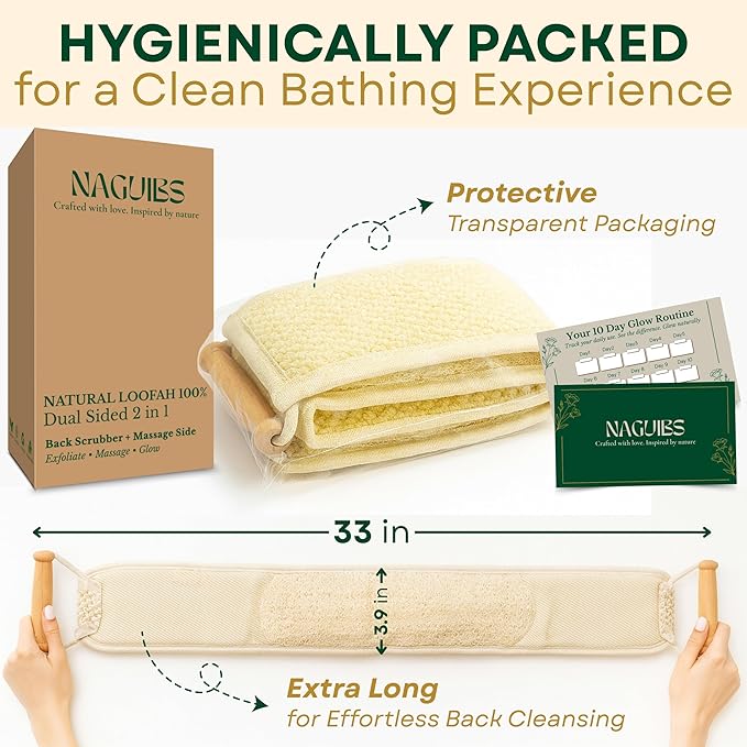 Premium 2 in 1 Egyptian 100% Natural loofah with Handle Back Scrubber for Shower and Massage exfoliating Body Scrubber for Women and Men Back Scratcher washers for Shower loofa Clean Your Back Deeply