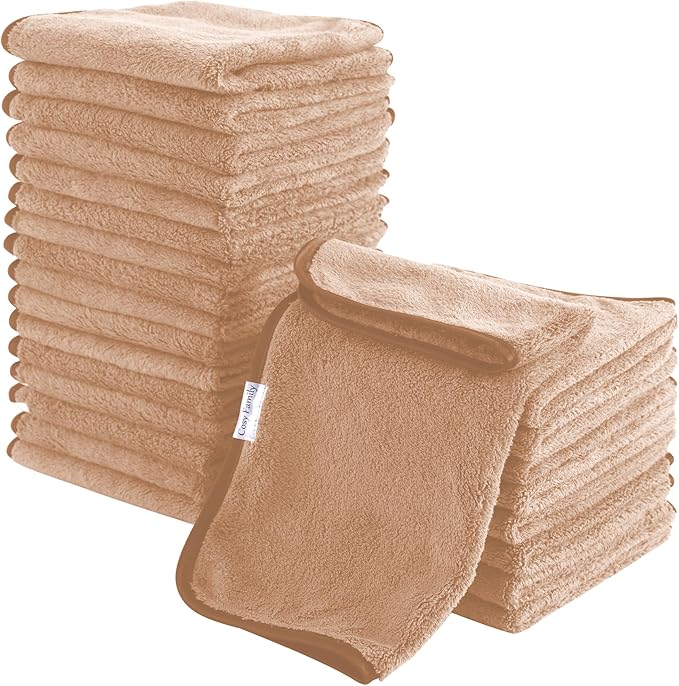 Cosy Family 24 Pack Soft Washcloths Set - 12 x 12 inches, Quick Drying - Highly Absorbent Coral Velvet Fingertip Towel Bathroom Wash Clothes for Bath, Spa, Facial, Kitchen - Brown