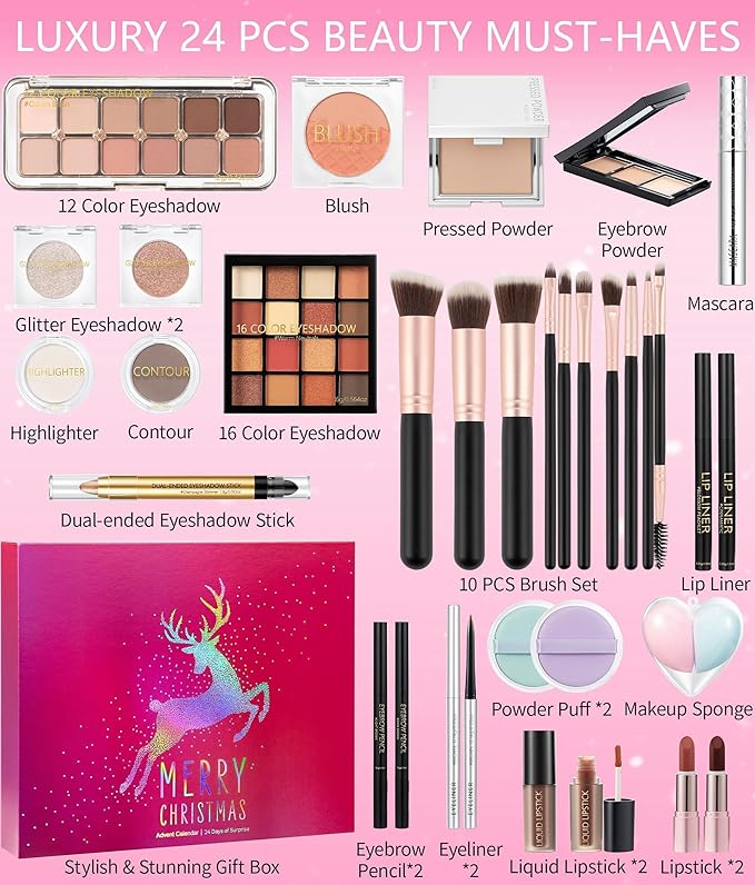 Makeup Advent Calendar 2025, 24 Days Advent Beauty Calendar for Adults Women Teen Girl Gifts Trendy Stuff Christmas Countdown Calendars Holiday Surprise Gift for Mom Wife Girlfriend Friends Her Sister