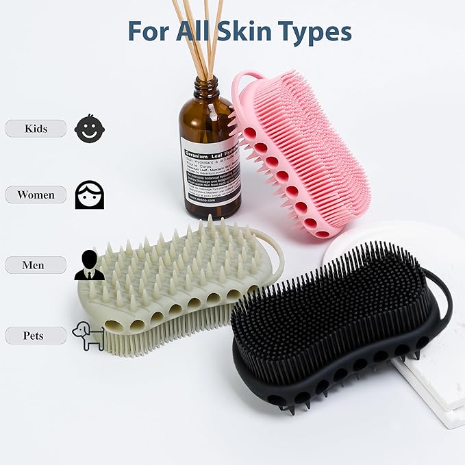 MtBoi 2PC Double-Sided Exfoliating Silicone Body Scrubber, 2-in-1 Bath Scrubber, Shampoo Brush, Silicone Loofah for All Skin Types, Shower Body Scrubber, Easy to Clean, Lather Well (Black&Gray)