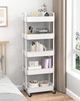 Sywhitta 5-Tier Plastic Rolling Utility Cart with Handle, Multi-Functional Storage Trolley for Office, Living Room, Kitchen, Movable Storage Organizer with Wheels, White