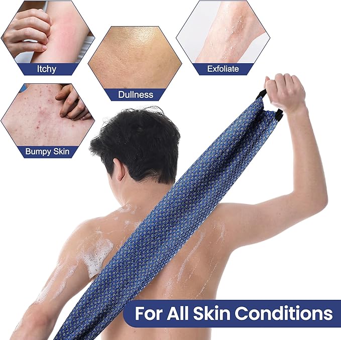 Japanese-style exfoliating bath towel and towel set (2 pieces) - loofah, durable and quick-drying, extra-long design, skin-friendly material, mesh design, suitable for all skin types - 1 blue, 1 black