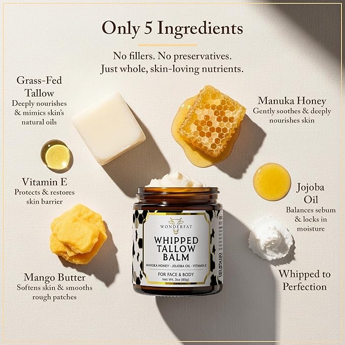 Beef Tallow for Skin & Face – Whipped Tallow & Honey Balm – 100% Grass Fed Tallow Face Moisturizer with Mango Butter, Jojoba Oil, Vitamin E – Organic Beef Tallow Balm for Dry Skin & Wrinkles – 3 oz