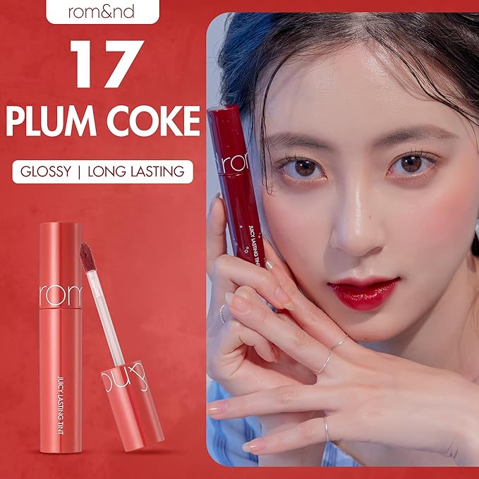 rom&nd Juicy Lasting Tint #17 Plum Coke - K-Beauty Long-Wear Glossy Lip Stain for Cool Tones, Hydrating & Non-Sticky Deep Berry Plum