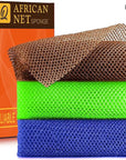 UJFQBH 3 Pieces African Bath Sponge African Net Long Net Bath Sponge Exfoliating Shower Body Scrubber Back Scrubber Skin Smoother,Great for Daily Use (Brown、Blue、Green)