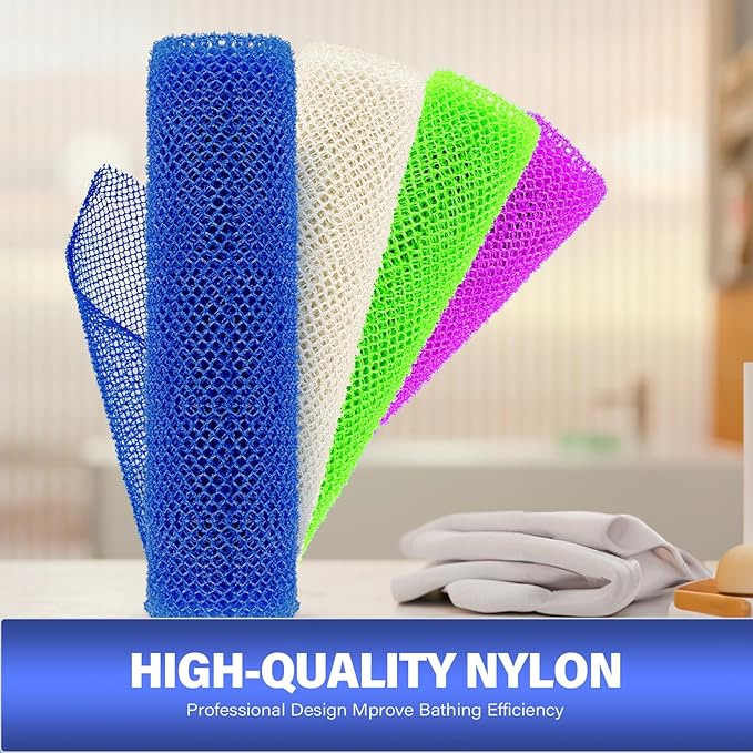 4 Pieces Exfoliating Washcloth Shower Towel African Net Sponge Japanese Wash Cloth Face Exfoliating Sponge Loofah Exfoliating Body Scrubber for Body Exfoliation (Blue, Green, Purple, White)