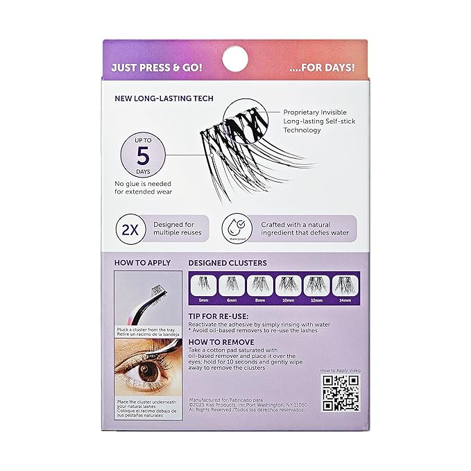 KISS imPRESS Falsies Long Lasting Self Adhesive Eyelashes, ‘Demi Wispy’, 5 Day Extended Wear, 24 Light Volume Lash Clusters (5,6,8,10,12, & 14mm), Precision Non-Stick Applicator