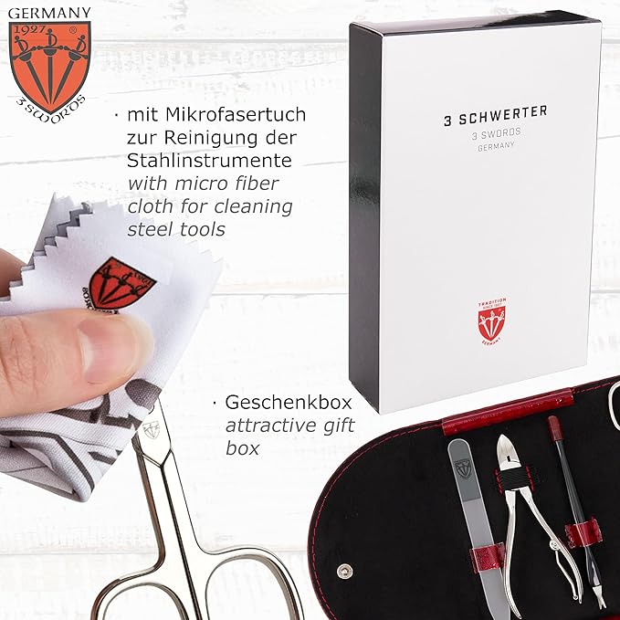 3 Swords Germany - brand quality 7 piece manicure pedicure kit set - nail care tools by 3 Swords - red ostrich optic