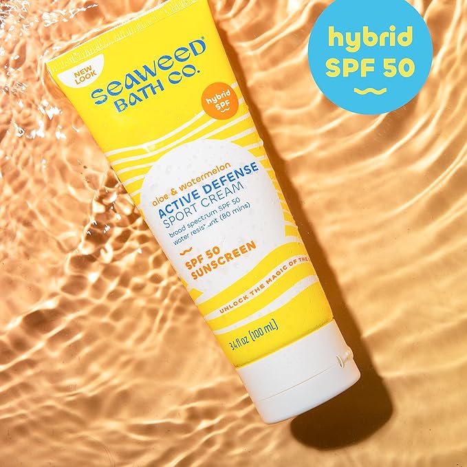 Seaweed Bath Co. Active Defense SPF 50 Sport Broad Spectrum Hybrid Sunscreen Cream, 3.4 Ounce (Pack of 2), Sustainably Harvested Seaweed, Aloe, Watermelon