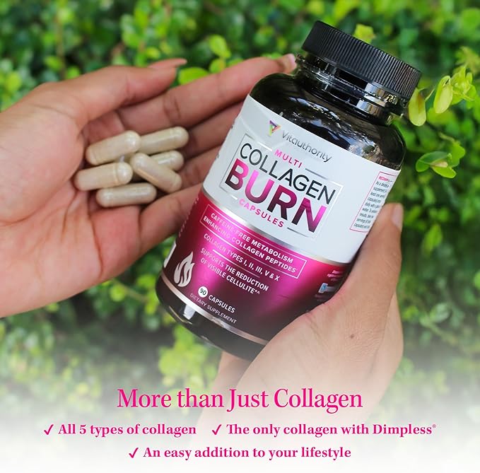Multi Collagen Burn: Multi-Type Hydrolyzed Protein Peptides with Hyaluronic Acid, Vitamin C, SOD B Dimpless, Types I, II, III, V and X, Caffeine-Free (Unflavored Capsules)