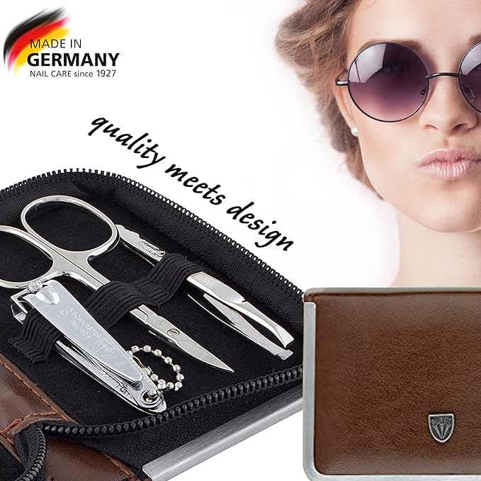 3 Swords Germany - brand quality 6 piece manicure pedicure kit set for professional finger & toe nail care with synthetic leather case - Made in Germany - brown