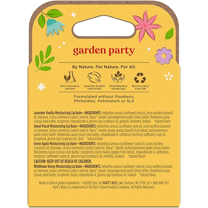 Burt's Bees Christmas Gifts - Garden Party Lip Balm Set for Stocking Stuffers, With Responsibly Sourced Beeswax, Natural Origin Lip Treatment, 4 Tubes, 0.15 oz.