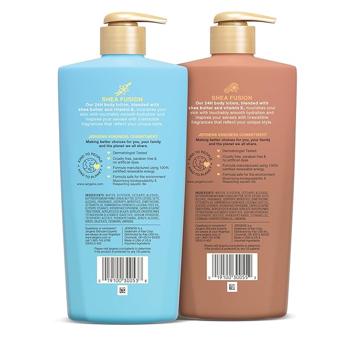 Jergens Shea Fusion Body Lotion Dual Pack, Moisturizer with Shea Butter and Vitamin E, Vanilla Crush 14 fl oz and Warm Amber 14 fl oz, Pack of 2