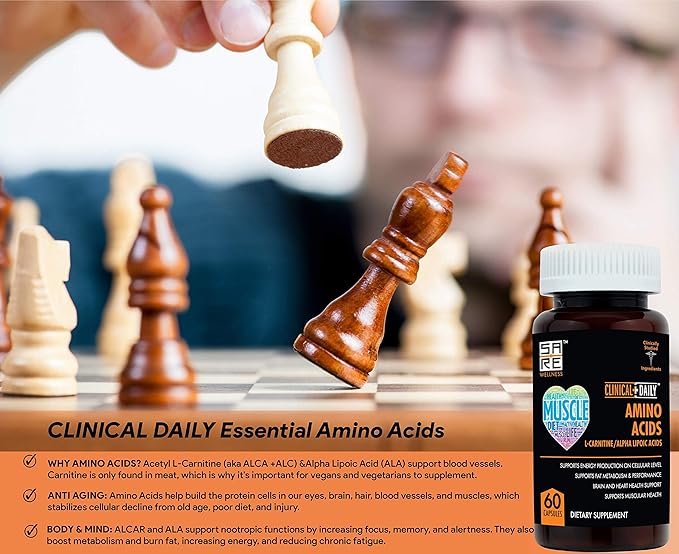 CLINICAL DAILY Acetyl L Carnitine - Alpha Lipoic Essential Amino Acids Supplements Capsules for Women, Men or Elderly- ALCAR ALA Complex Helps Boost Metabolism, Brain, Heart, & Muscle Health- 60 Pills