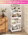 Goovilla 4 Tier Rolling Utility Cart Organizer with Removable Drawer, Stable and Sturdy White Rolling Storage Carts with 2 Lockable Wheels for Bathroom, Kitchen, Snack, Craft, Makeup, Baby Essentials