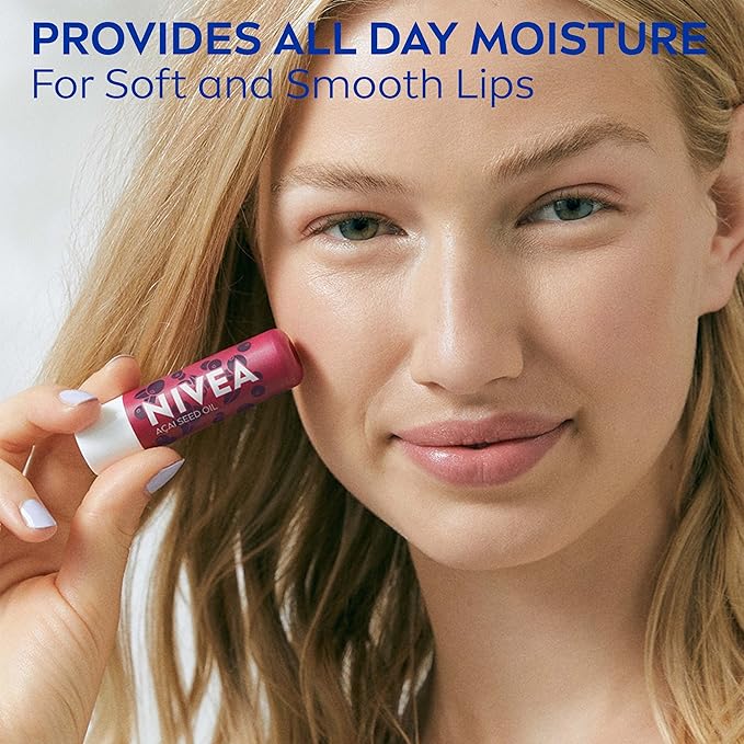 NIVEA Vegan Lip Care Variety Pack, Acai Seed Oil and Hemp Seed Oil with Shea Butter Lip Balm Sticks, 0.17 Oz Stick, Pack of 4