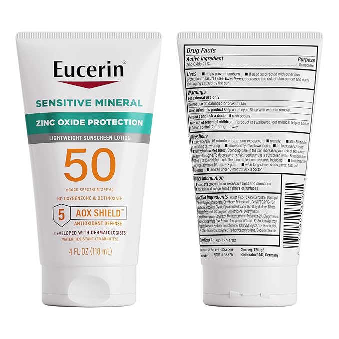 Eucerin Sun Sensitive Mineral Sunscreen Lotion SPF 50 with Zinc Oxide Protection, Hypoallergenic Sunscreen for Sensitive Skin, Oxybenzone and Octinoxate Free, 4 Fl Oz Tube