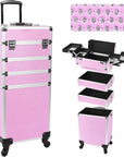 Professional Rolling Makeup Case with Wheels, 5-in-1 Makeup Train Case, Cosmetic Makeup Trolley Cart Travel Cosmetology Case On Wheels with Key for Hairstylists, Nail Tech (Pink Crystal)