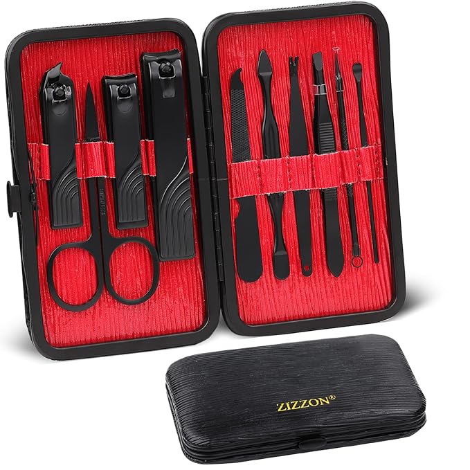 ZIZZON Travel Mini Manicure set Nail Clipper set 10 in 1 Stainless Steel Pedicure Care Grooming kit with Case(Black/Red)