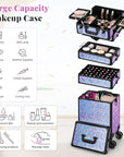 Profesional Rolling Makeup Train Case with Lid, 5 in 1 Cosmetology Case on Wheels, Large Cosmetic Trolley Organizer Travel for Hairstylist Artist Nail Beauty Salon Barber, Gravel Purple
