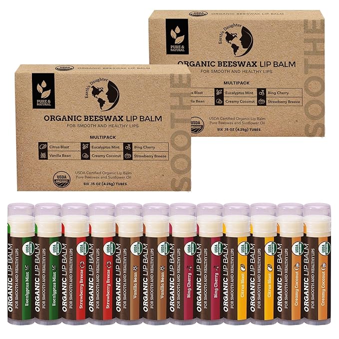 Earth's Daughter USDA Organic Lip Balm 12-Pack (2x 6-Packs) - Fruit Flavors, Beeswax, Coconut Oil, Vitamin E - Best Lip Repair Chapstick for Dry Cracked Lips - Moisturizing Lip Care