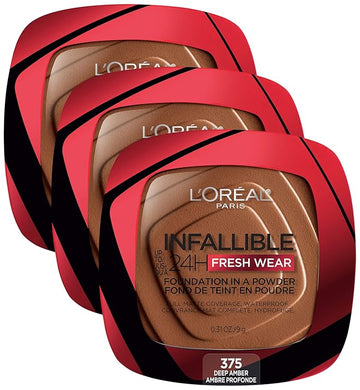L’Oréal Paris Infallible 24 Hour Fresh Wear Waterproof Powder Foundation, 375 Deep Amber (Pack of 3)