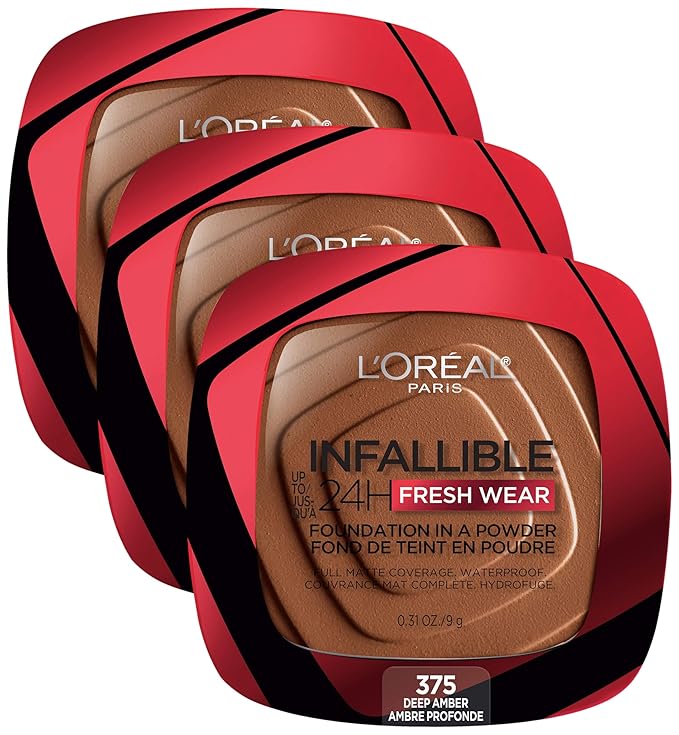 L’Oréal Paris Infallible 24 Hour Fresh Wear Waterproof Powder Foundation, 375 Deep Amber (Pack of 3)