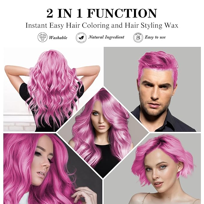 2 Pack Temporary Pink Hair Color Wax with 1 Dye Brush, Instant Natural Hairstyle Cream 4.23 oz, Disposable Coloring Mud for Men Women Youth, Washable Styling Pomades, Party Cosplay Halloween