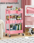 3 Tier Rolling Cart on Wheels, Metal Utility Storage Cart with Wheels, Three Tiered Craft Carts Organizer with Hanging Cups, Hooks, Mesh Basket for Bedside, Kitchen, Bathroom, Office, Art, Snack, Pink