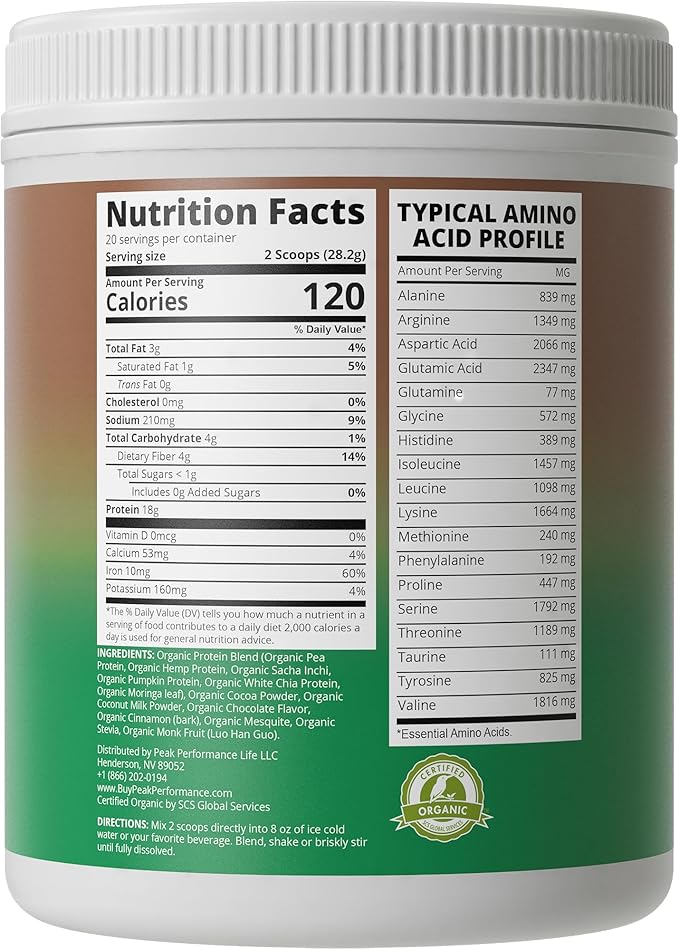 Organic Paleo Grain Free Plant Based Protein Powder. Complete Raw Organic Vegan Protein Powder. Amazing Amino Acid Profile and Less Than 1g of Sugar. Hemp Protein Pea Protein Powder Chocolate Flavored