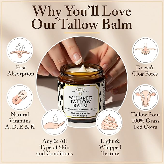 Beef Tallow for Skin & Face – Whipped Tallow & Honey Balm – 100% Grass Fed Tallow Face Moisturizer with Mango Butter, Jojoba Oil, Vitamin E – Organic Beef Tallow Balm for Dry Skin & Wrinkles – 3 oz