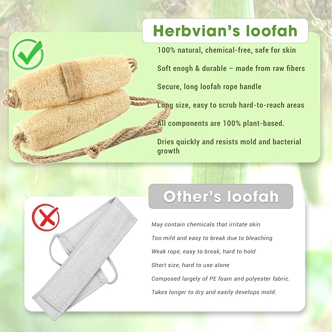 Vietnamese Natural Loofah Back Scrubber - 100% Plant-Based Exfoliation Shower Sponge, Handcrafted Whole Loofah Gourd with Jute Fiber Handle, Suitable for Men & Women (1-Pack)