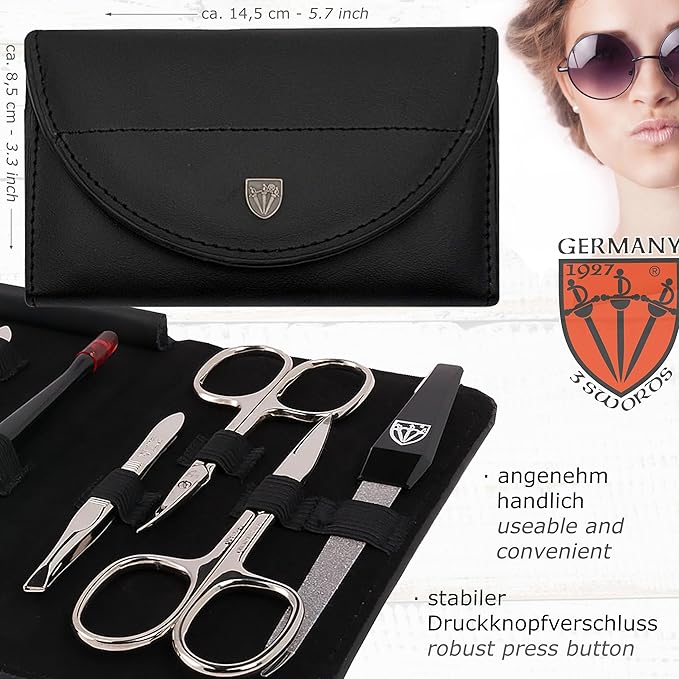 3 Swords Germany - brand quality 7 piece manicure pedicure kit set - nail care tools by 3 Swords - black genuine leather