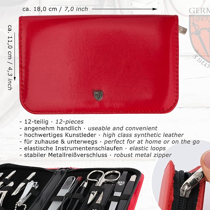 3 Swords Germany – brand quality 12 piece manicure pedicure grooming kit set for professional finger & toe nail care with red synthetic leather case - Made in Germany