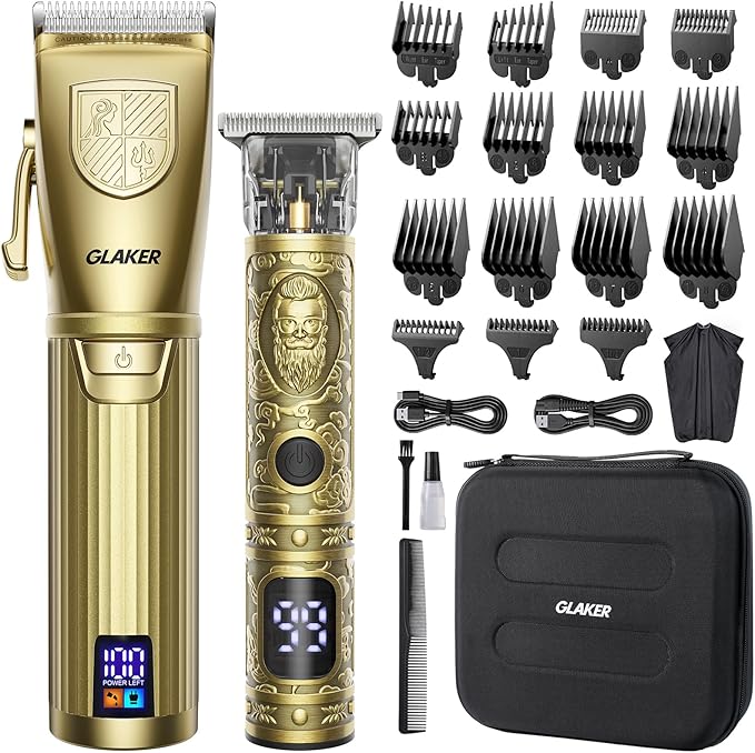 GLAKER Hair Clippers for Men,Professional Mens Hair Clippers Cordless Clippers for Hair Cutting, Hair Clippers and Hair Trimmer Kit Zero Gap Trimmer with LED Display 15 Guide Combs