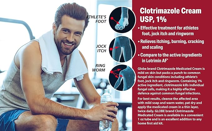 Globe Clotrimazole Antifungal Cream 1% USP (1 oz), Anti Fungal Treatment, Relieves Itching, Burning, Cracking and Scaling Associated Athletes Foot, Jock Itch, Ringworm and More