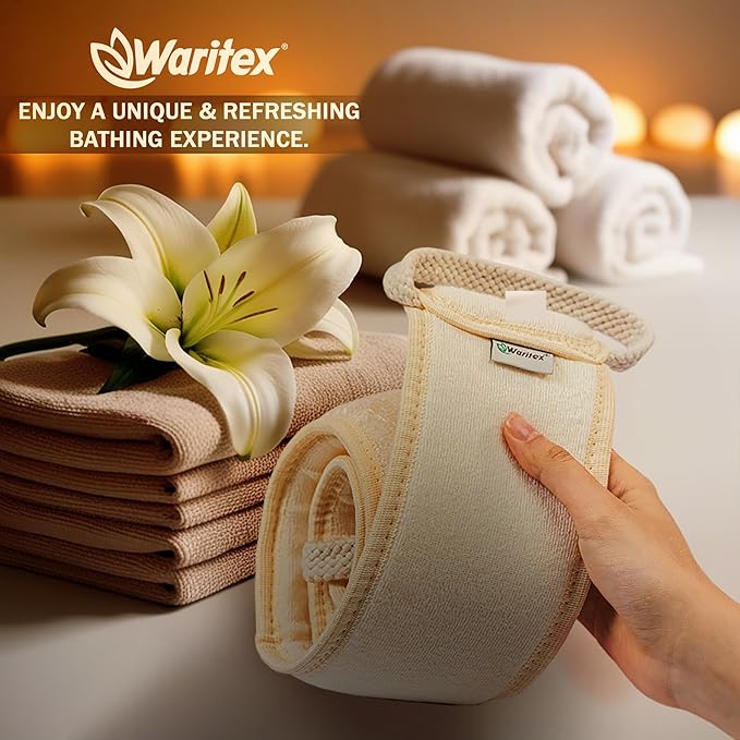 Waritex Natural Egyptian Loofah Back Scrubber for Shower, Extra-Long Exfoliating Strap Made with Natural Egyptian Loofah Fibers, Deep Cleaning Body Sponge for Men and Women – Soft Cotton Handles