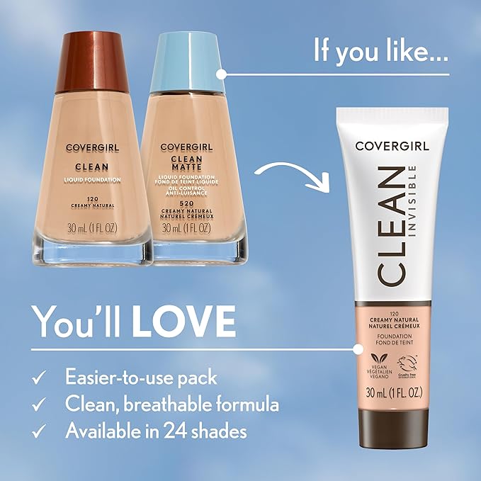 COVERGIRL Clean Invisible Foundation Makeup, Dewy & Glowy Finish, Buildable Coverage, Skin-Like Smooth Look, Vegan, Natural Beige, 1oz