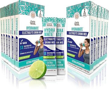 GuruNanda Hydramate Hydration Support Drink Mix - Electrolyte Powder Packets for Dehydration, Exercise & Energy - No Added Sweeteners, Non-GMO, Natural Lemon Lime Flavor - 24 Count (0.56 oz Each)