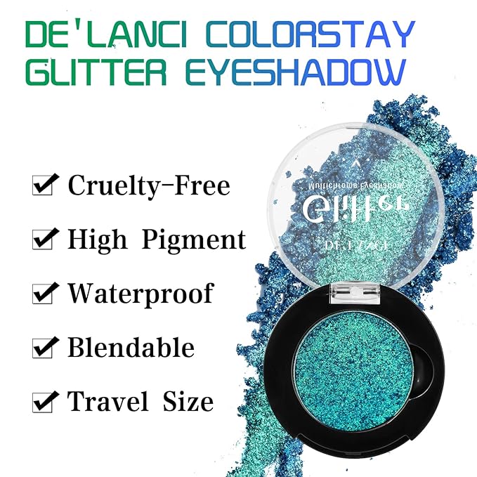 DE'LANCI Duo Chrome Green Eyeshadow Single, Multichrome Green Glitter Eye Shadow Intense Pigmented, Metallic Emerald Shimmer Blue Peacock Teal Eyeshadow for Festival Everyday Eyes Makeup, Long-Lasting
