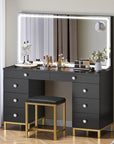 DWVO Black Vanity Desk with Mirror: Makeup Table with Power Outlets & 8 Drawers 3-Mode LED Mirror, Storage Stool for Dressing Room