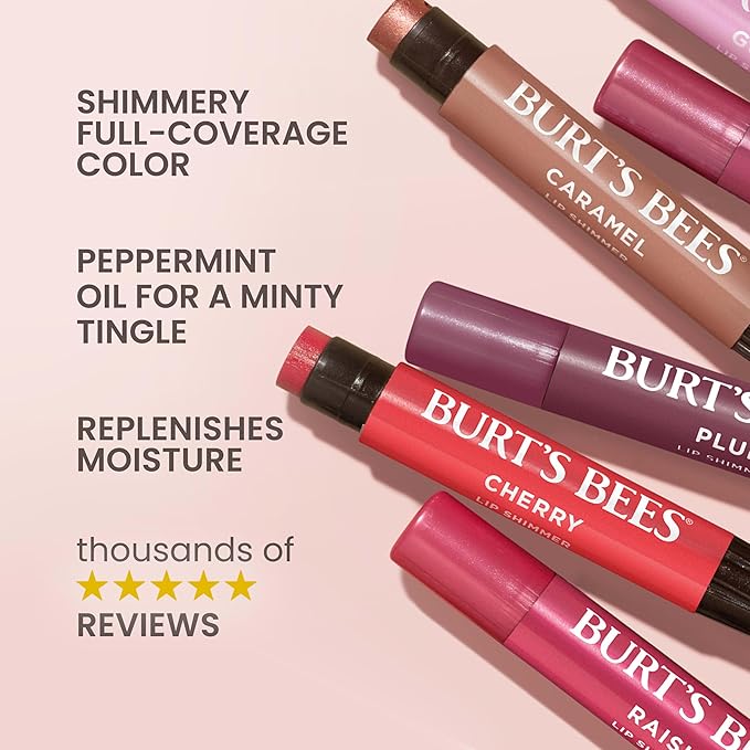 Burt's Bees Lip Shimmer Peony; Warm, Luminescent Color; High Impact, Instant Moisture; with Shea and Cocoa Butters; 100% Natural Origin (Packaging May Vary)