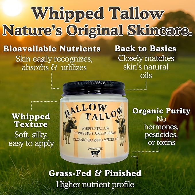 Hallow Tallow Whipped Beef Tallow Moisturizer – 100% Grass-Fed & Finished Tallow Balm with Manuka Honey, Jojoba & Olive Oil, Calendula Extract – Natural Hydrating Face & Body Cream, 4oz