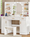 Vanity Desk with Mirror and 11 LED Lights, 43'' Makeup Vanity Table with Power Outlet & Chair, Dressing Table with 3 Drawers, 2 Cabinets and 6 Open Shelfs for Bedroom, White