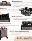 Profesional Rolling Makeup Train Case with Lid, 5 in 1 Cosmetology Case on Wheels, Large Cosmetic Trolley Organizer Travel for Hairstylist Artist Nail Beauty Salon Barber, Brown Ink