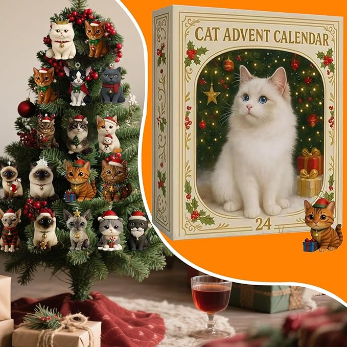 Cat Lovers Advent Calendar 2025-24 Days Christmas Countdown with Unique Cat Illustration Cards, Pop-Up Mechanism for Family Fun, Holiday Home Wall Decor