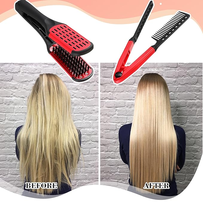 CHENGU 2 Pcs Straightening Comb For Hair, Boar Bristles Clamp Double Sided Brush Hair Straightening Brushes Comb Flat Iron Styling for Knotty Unkempt(Black, Red)