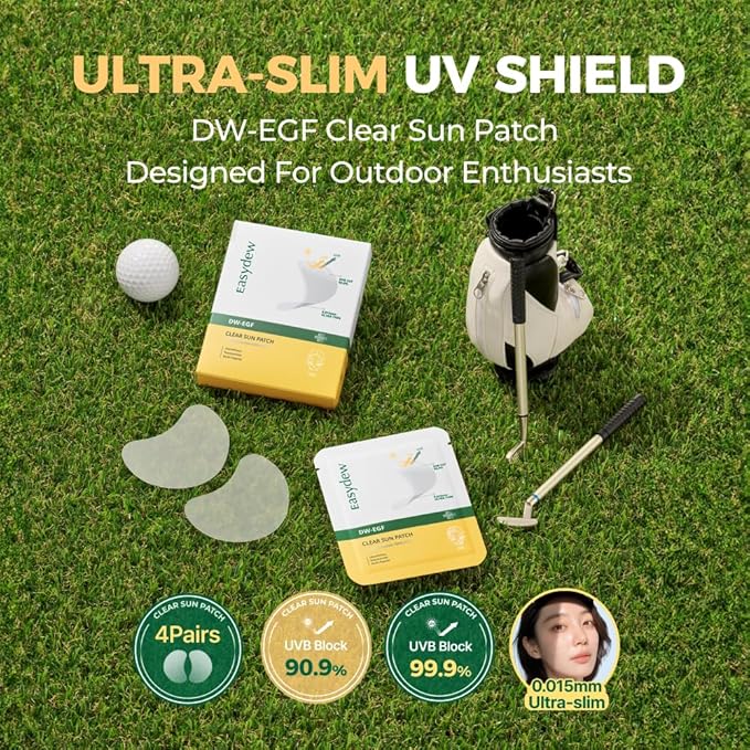 EASYDEW DW-EGF Peptide Clear Patch - Outdoor UV Block Ultra-Thin Transparent Sun Patches for Golf, Riding, Hiking, Driving - Adenosine, Glutathione, Hydrolyzed Collagen, 4 Packs