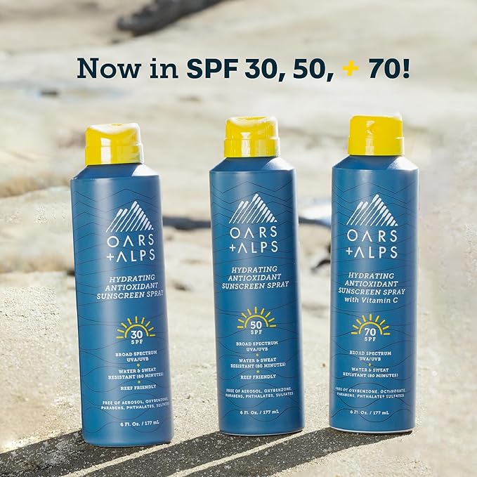 Oars + Alps Hydrating SPF 70 Sunscreen Spray, Infused with Vitamin C and Antioxidants, Water and Sweat Resistant, 6 Oz, 2 Pack