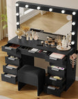 DWVO Vanity Desk Set with Large Mirror & 3-Color Light Bulbs, Wide Top Makeup Vanity with Charging Station, 11 Drawers, and Storage Bench